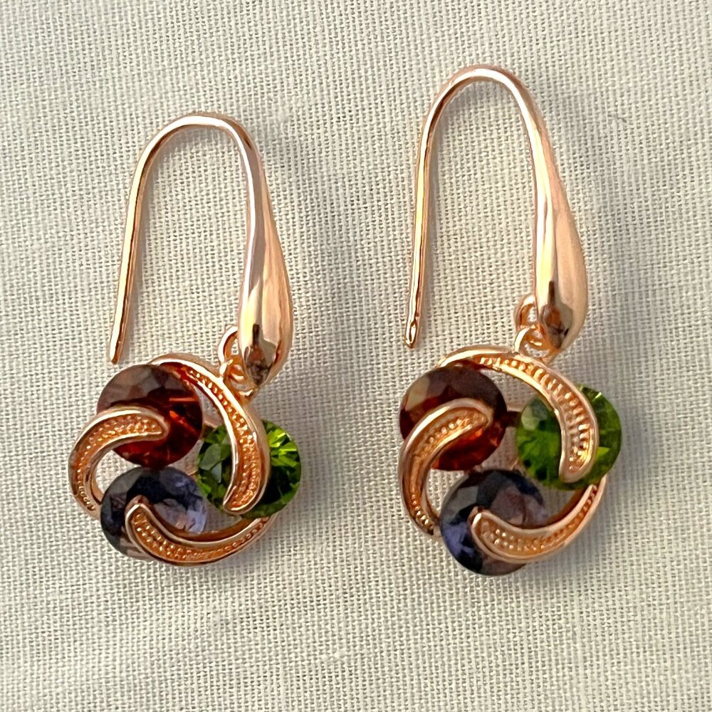 Birthstone Earrings, Rose Gold Plated, Round Garnet, Emerald, Amethyst Zircons